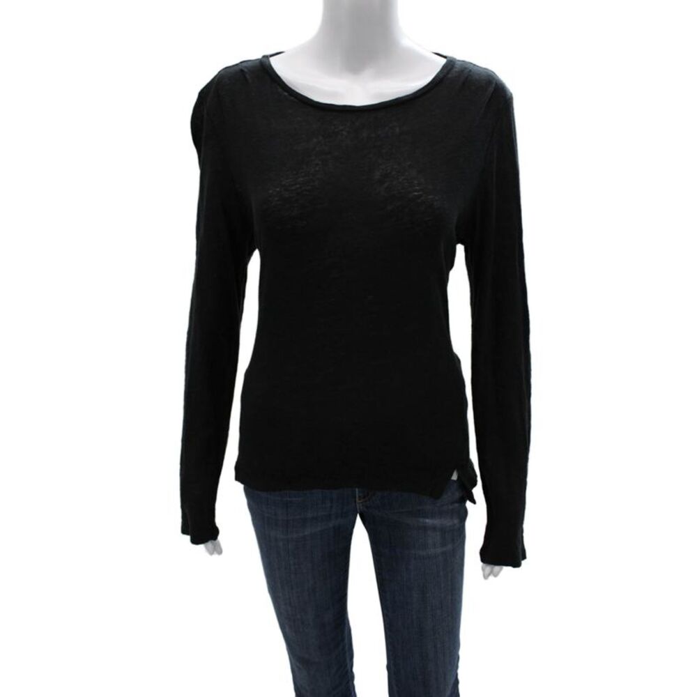 Frame Shirt Womens Basic T-Shirt Black Linen Long Sleeve Round Neck Size M